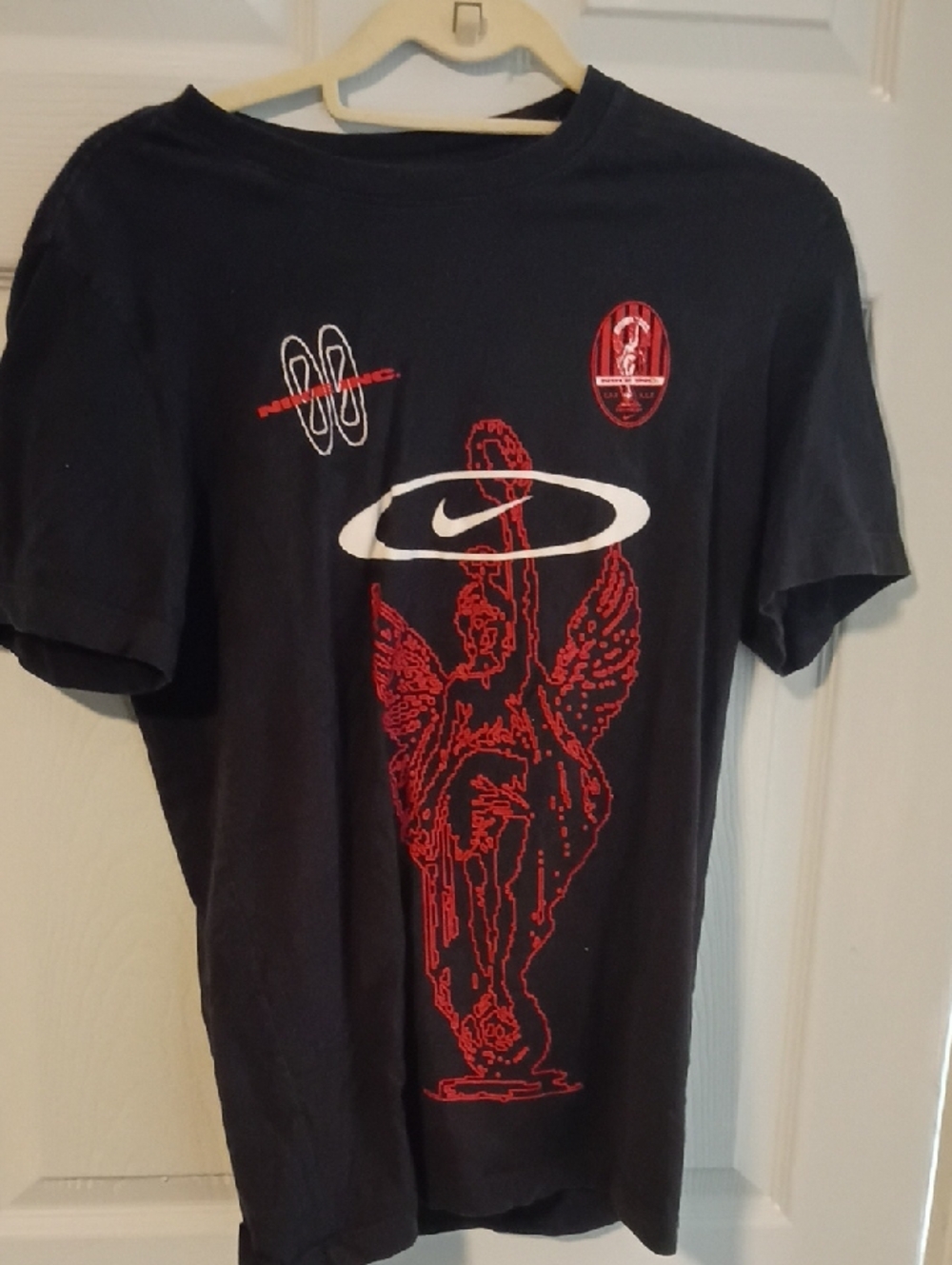 Nike Black Short-Sleeve Tee with Red Angel Graphic and White Swoosh Oval